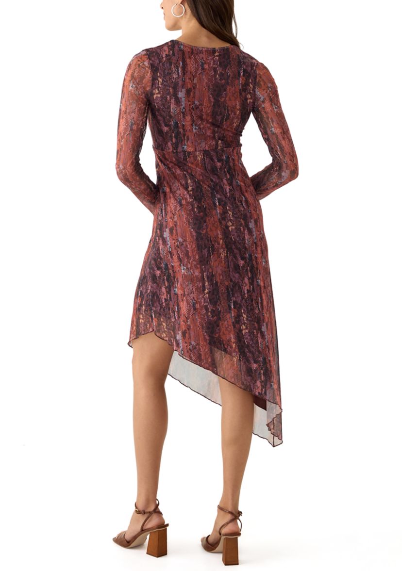 Womens Long Sleeve V-Neck Asymmetrical Hem Dress