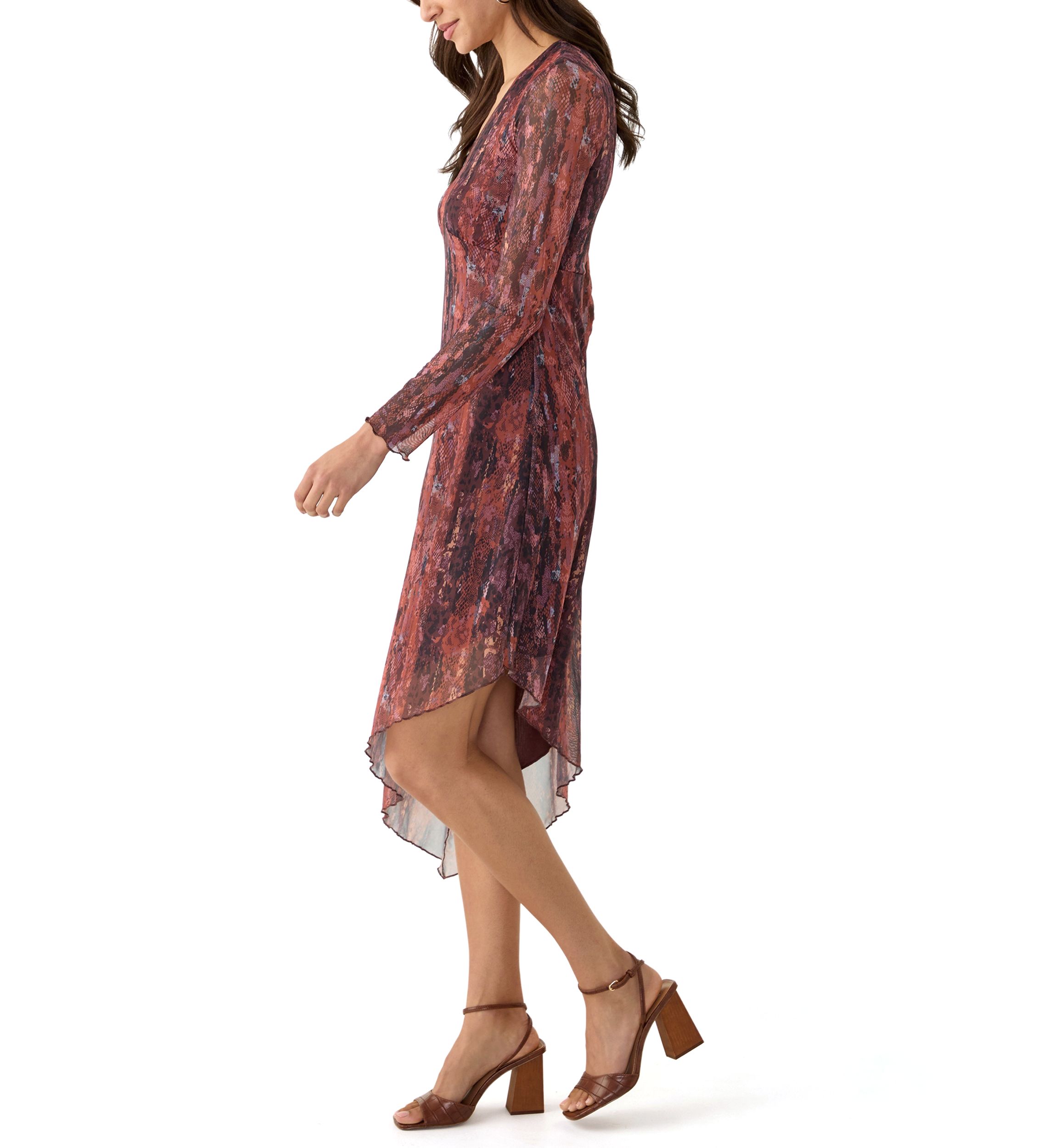 Womens Long Sleeve V-Neck Asymmetrical Hem Dress