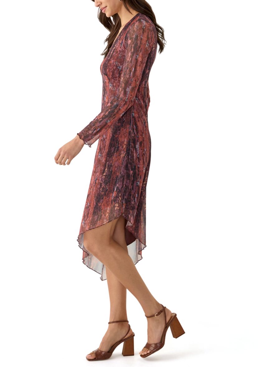 Womens Long Sleeve V-Neck Asymmetrical Hem Dress