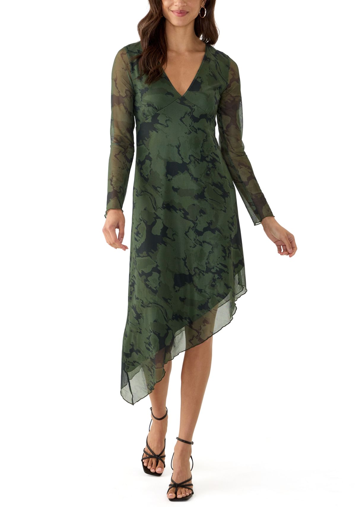 Womens Long Sleeve V-Neck Asymmetrical Hem Dress
