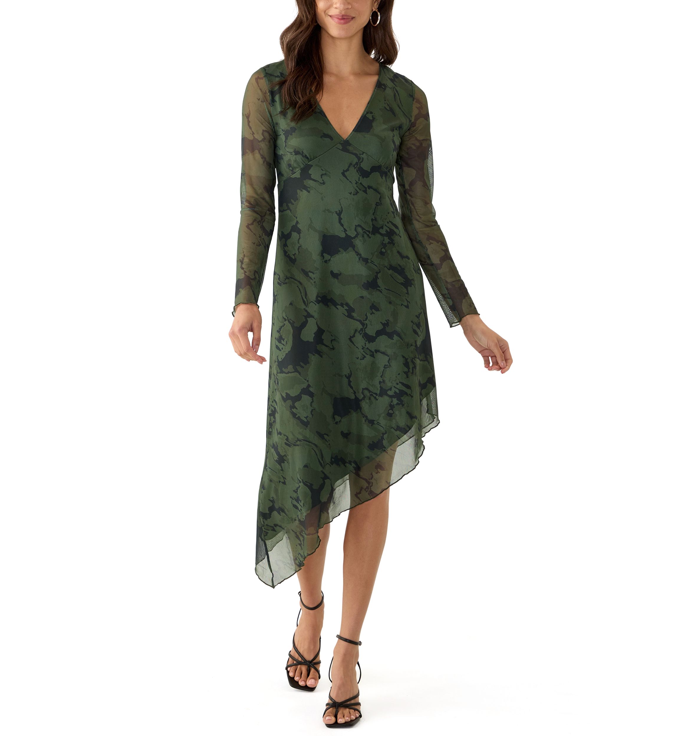 Womens Long Sleeve V-Neck Asymmetrical Hem Dress