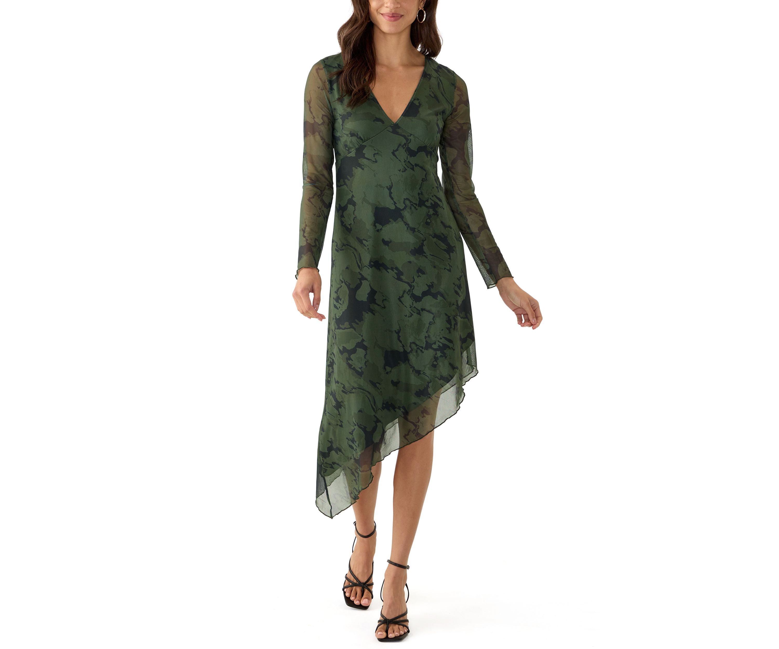Womens Long Sleeve V-Neck Asymmetrical Hem Dress