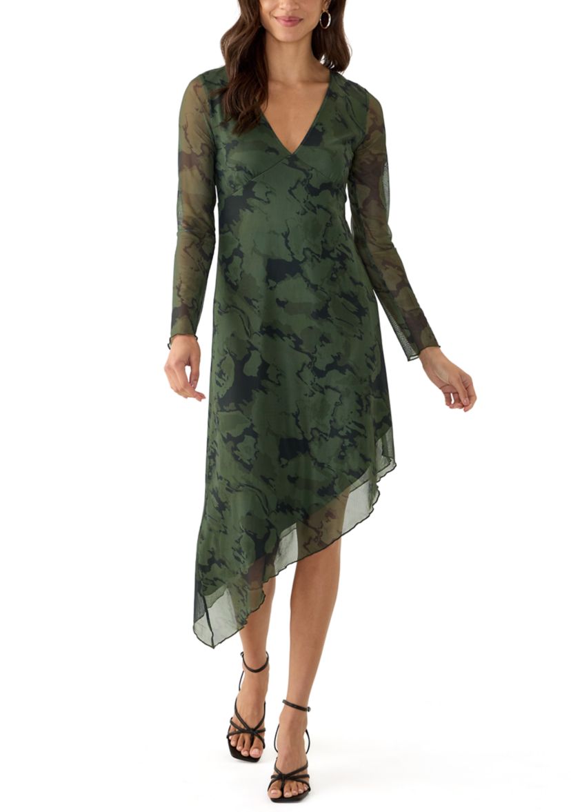 Womens Long Sleeve V-Neck Asymmetrical Hem Dress