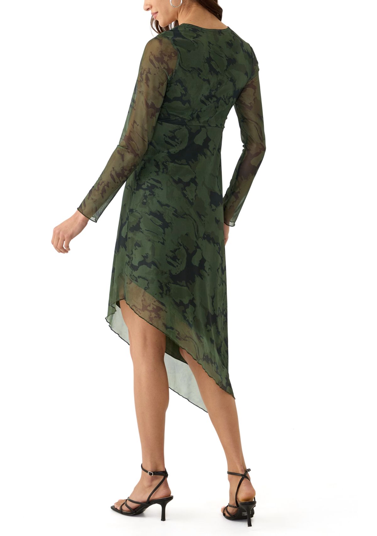 Womens Long Sleeve V-Neck Asymmetrical Hem Dress