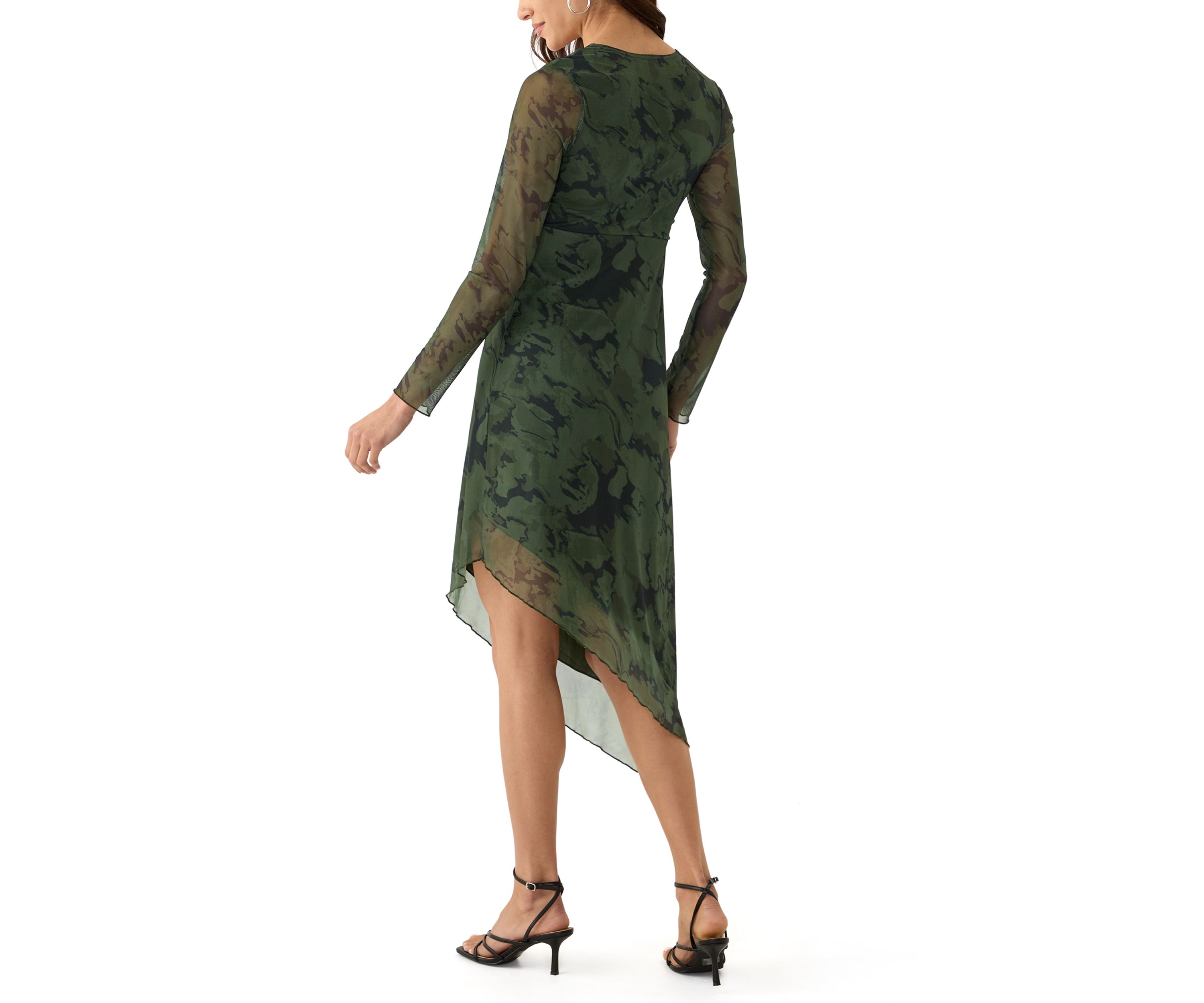 Womens Long Sleeve V-Neck Asymmetrical Hem Dress
