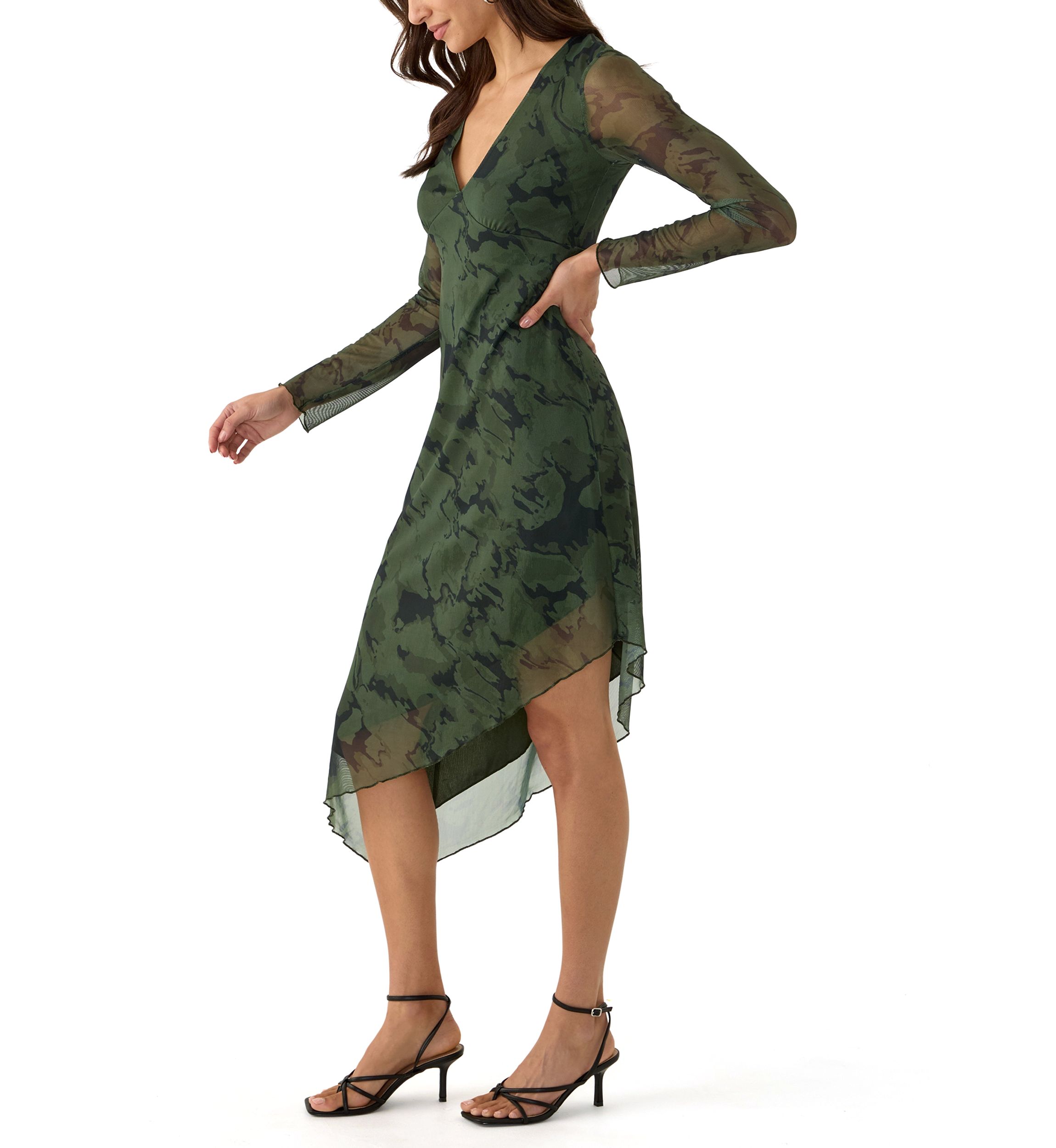 Womens Long Sleeve V-Neck Asymmetrical Hem Dress