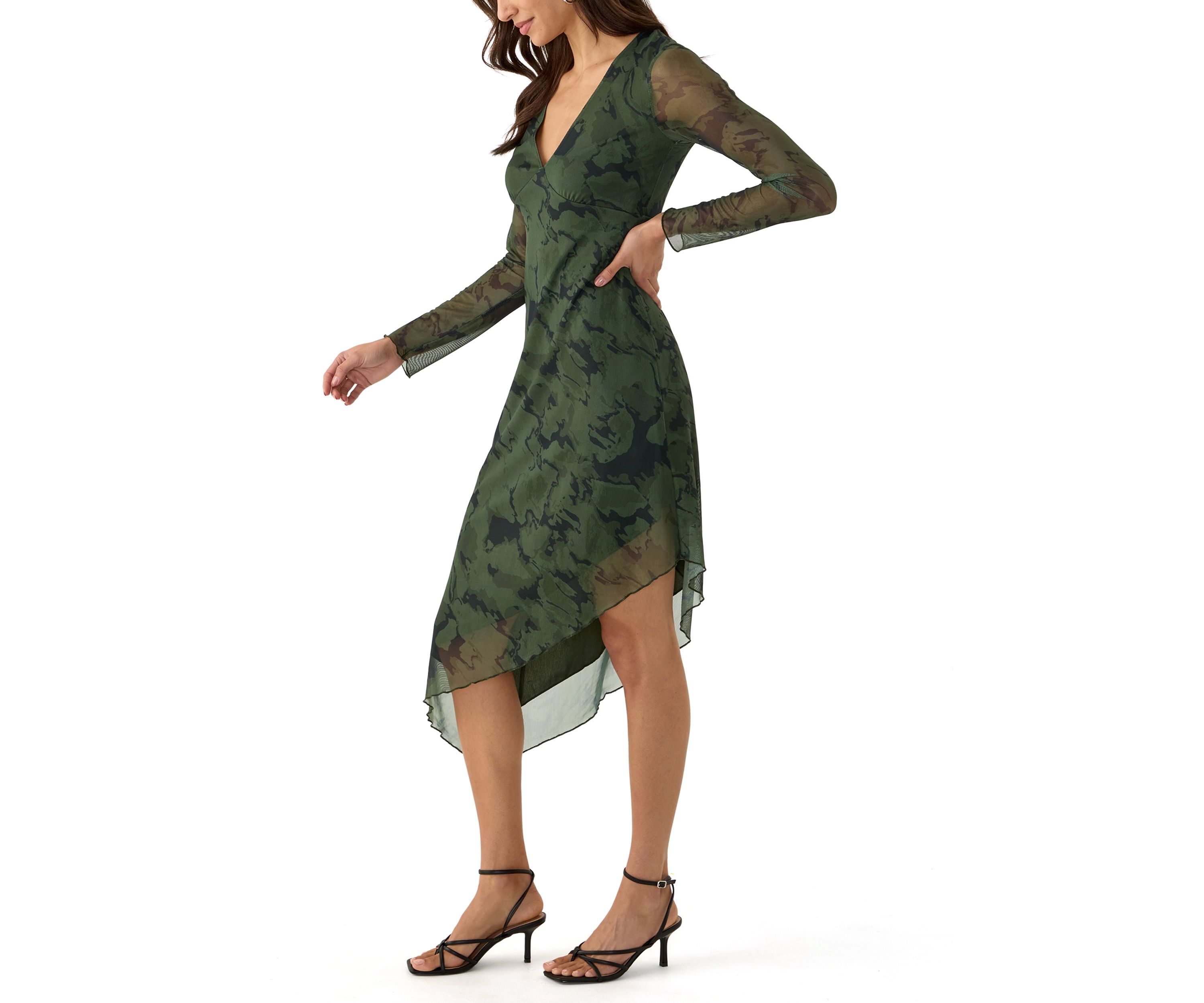 Womens Long Sleeve V-Neck Asymmetrical Hem Dress