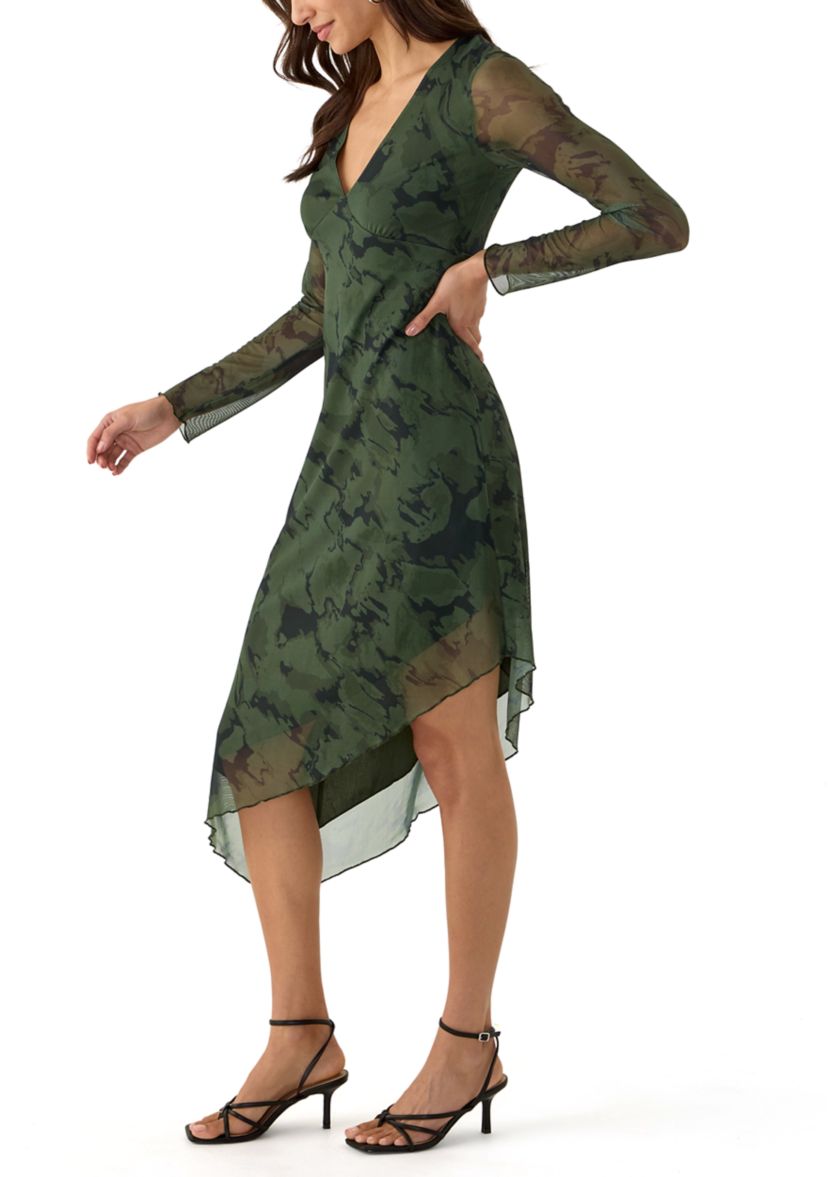 Womens Long Sleeve V-Neck Asymmetrical Hem Dress