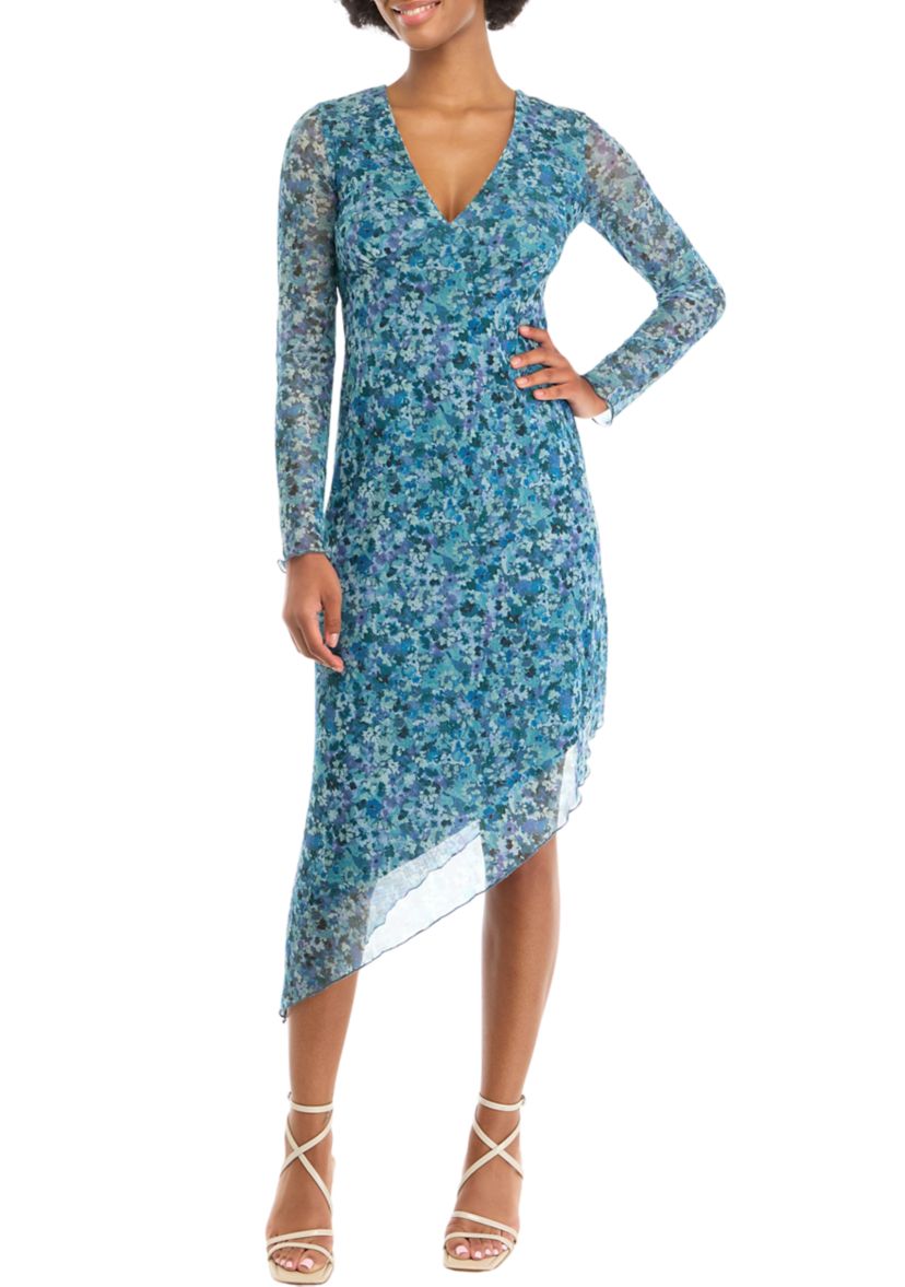 Womens Long Sleeve V-Neck Asymmetrical Hem Dress