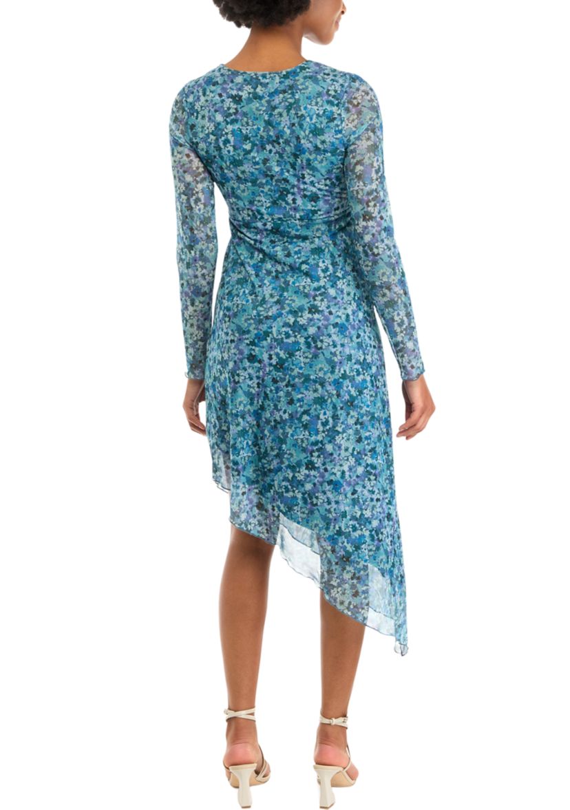 Womens Long Sleeve V-Neck Asymmetrical Hem Dress