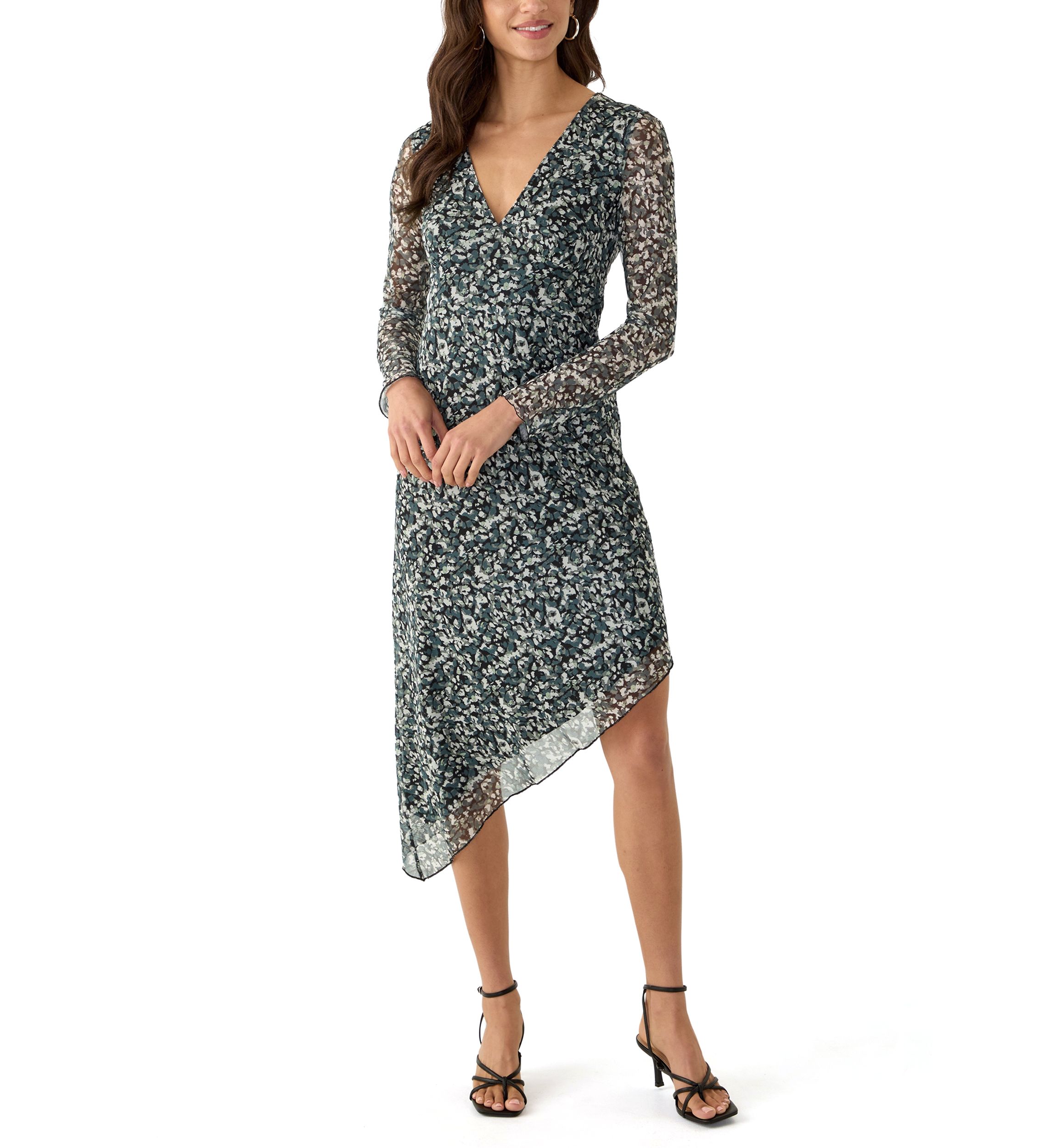 Womens Long Sleeve V-Neck Asymmetrical Hem Dress