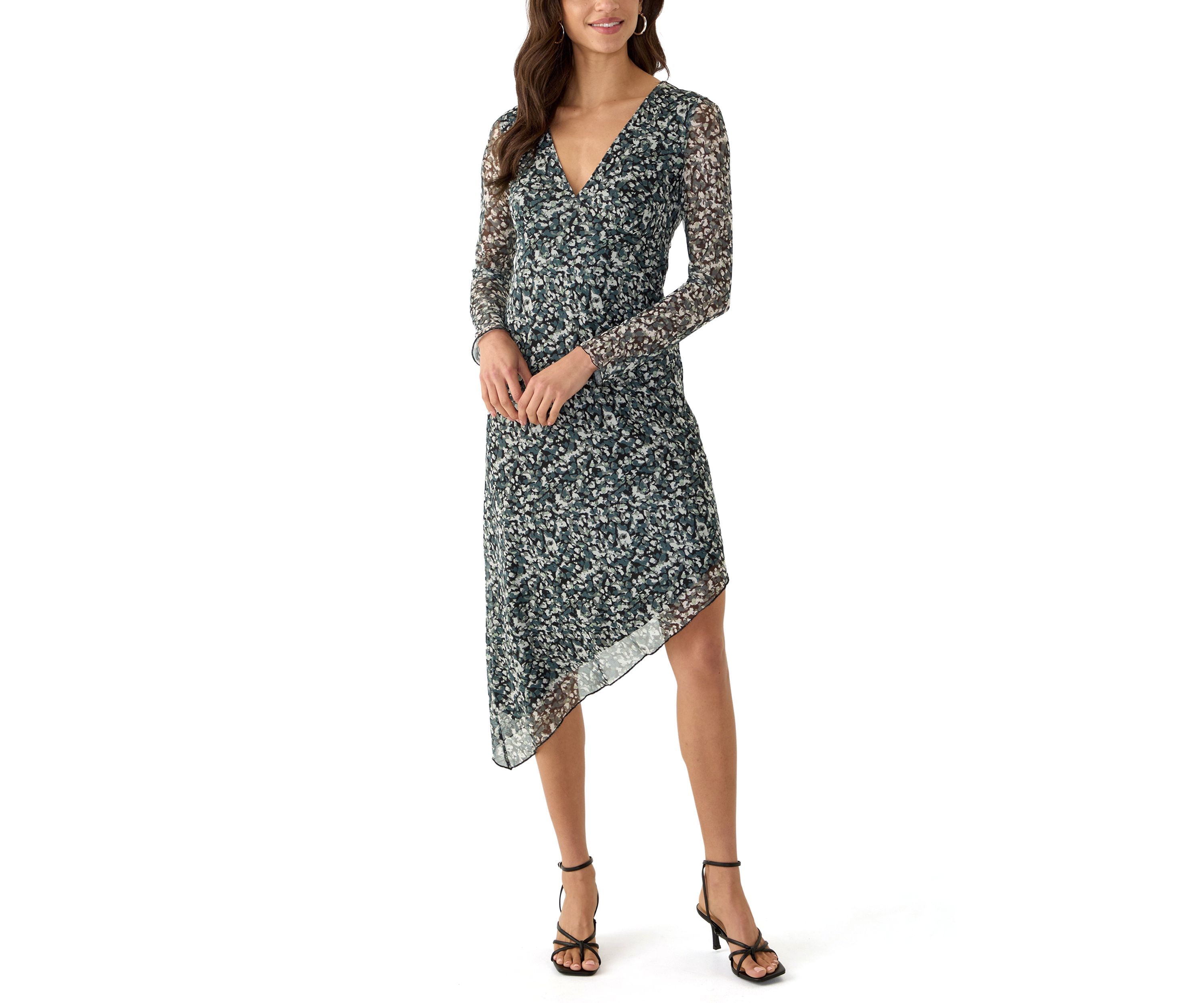 Womens Long Sleeve V-Neck Asymmetrical Hem Dress
