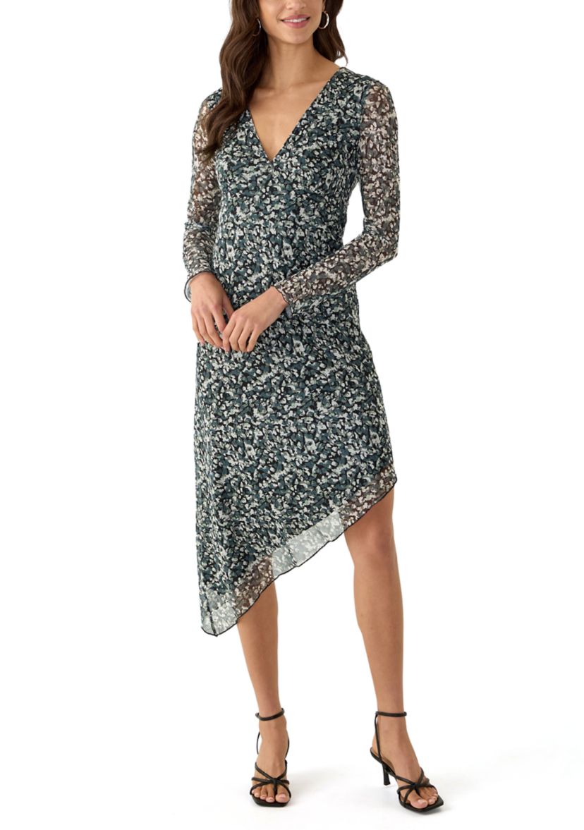 Womens Long Sleeve V-Neck Asymmetrical Hem Dress