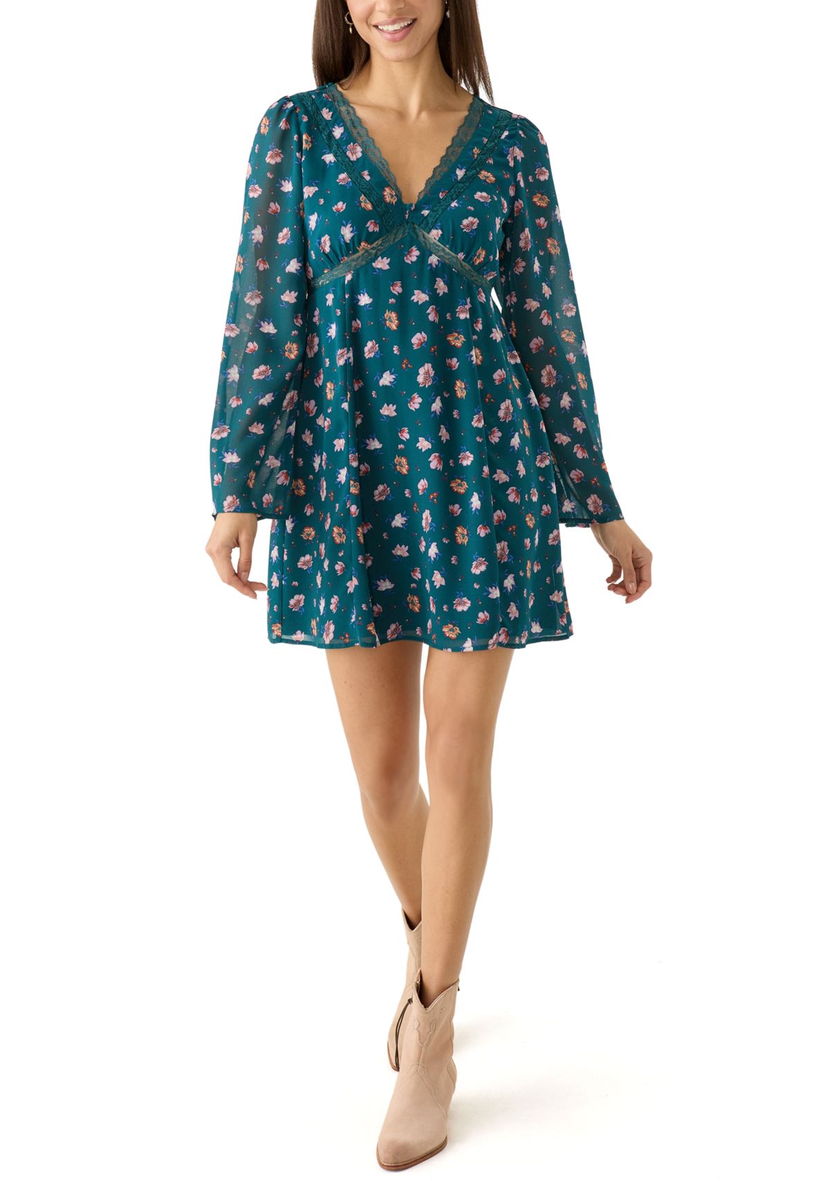 Womens V-Neck Mini Dress with Lace Trim