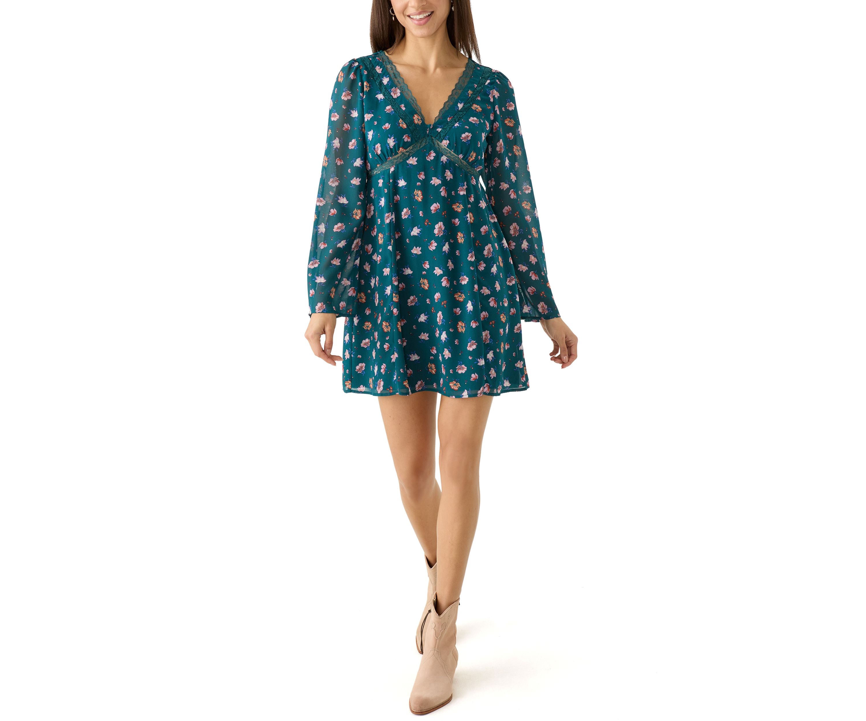Womens V-Neck Mini Dress with Lace Trim