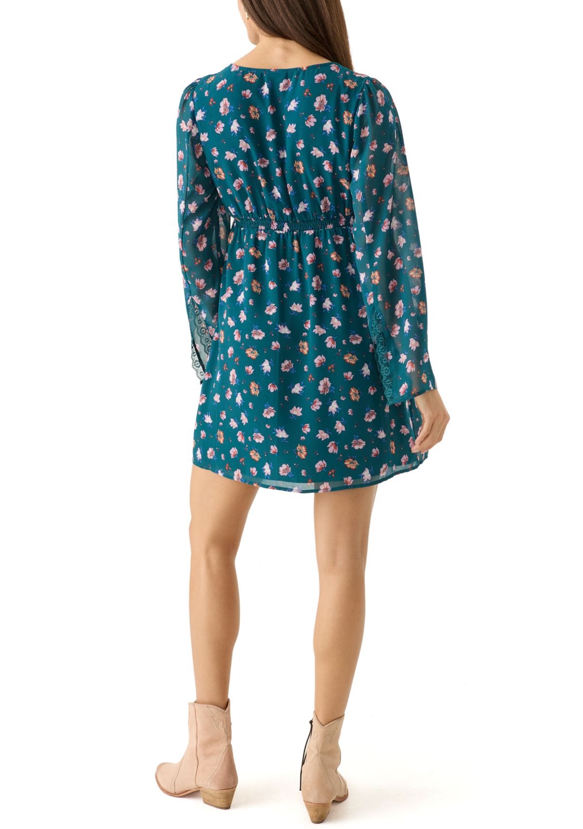 Womens V-Neck Mini Dress with Lace Trim