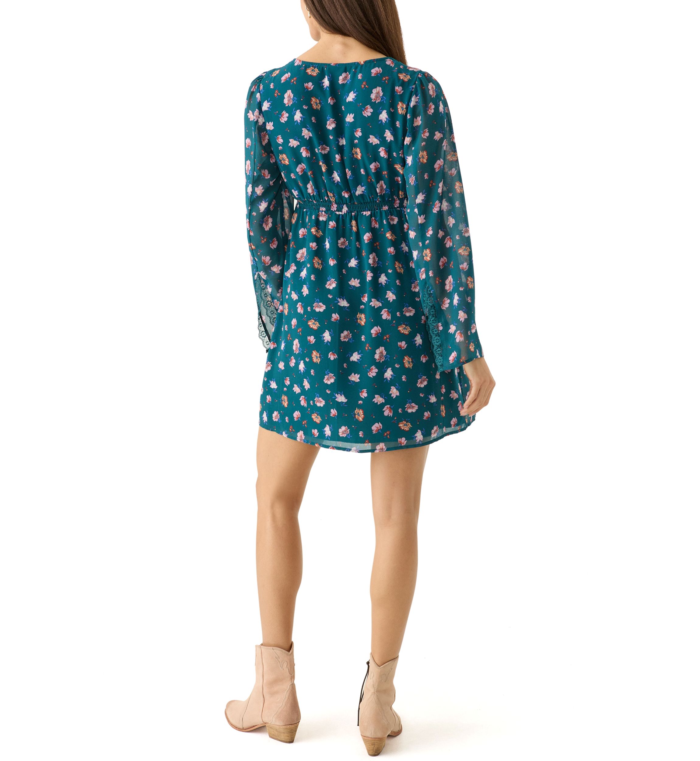 Womens V-Neck Mini Dress with Lace Trim
