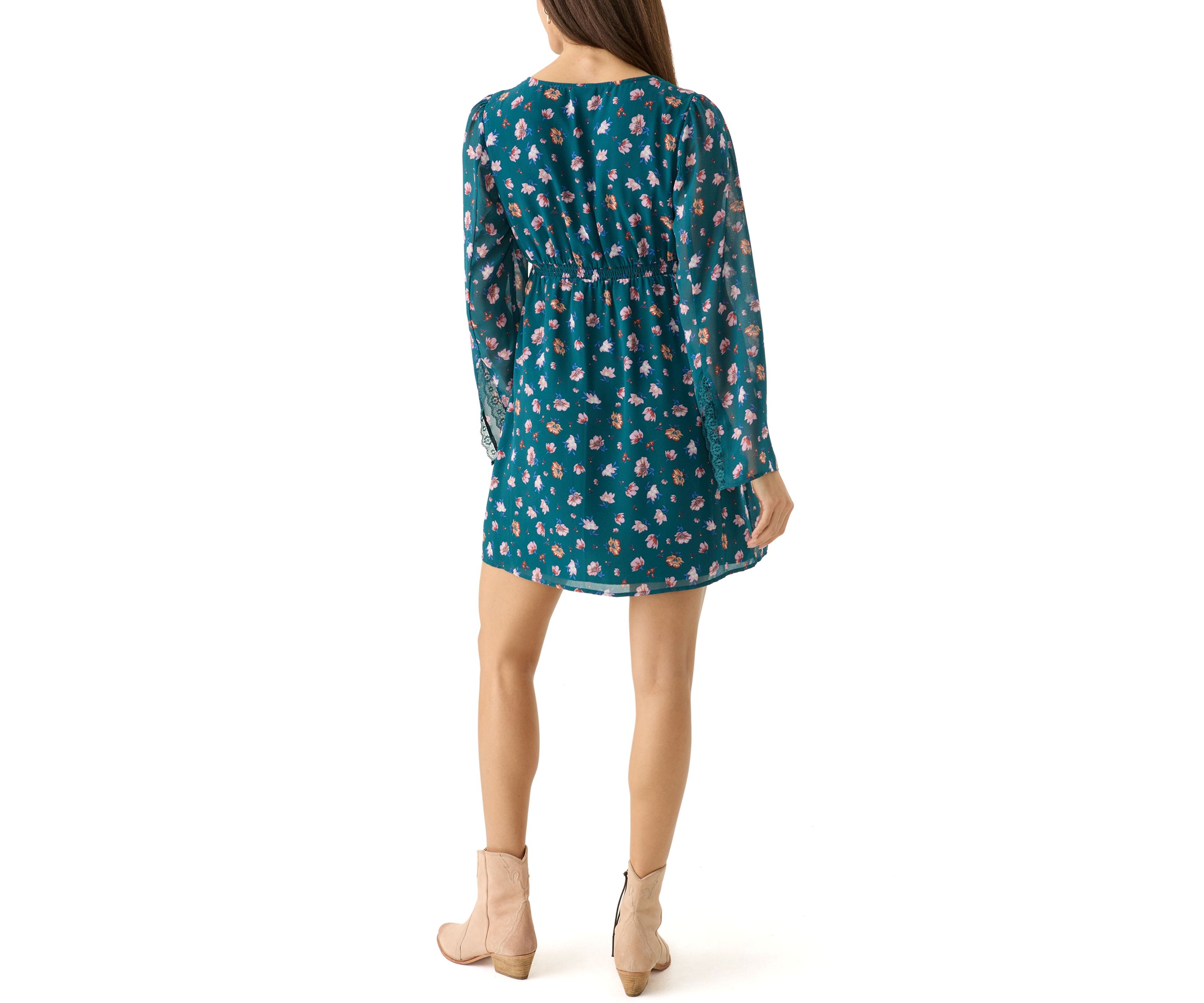 Womens V-Neck Mini Dress with Lace Trim