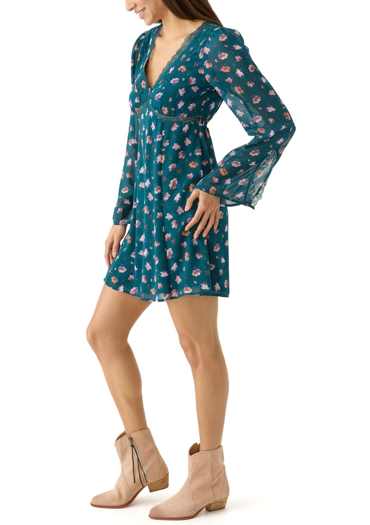 Womens V-Neck Mini Dress with Lace Trim