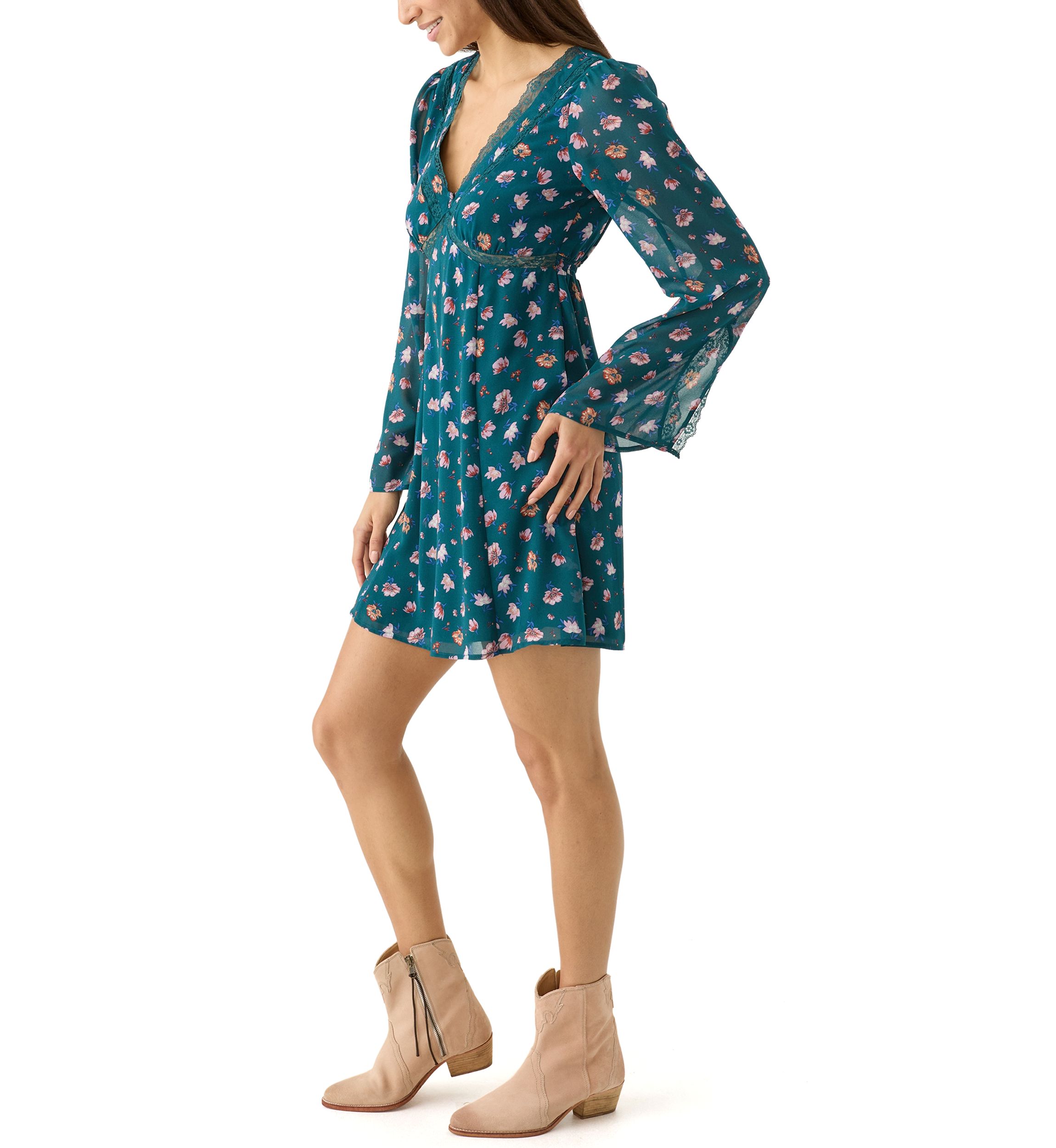 Womens V-Neck Mini Dress with Lace Trim