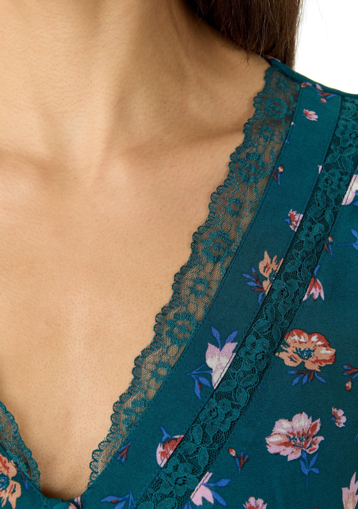 Womens V-Neck Mini Dress with Lace Trim