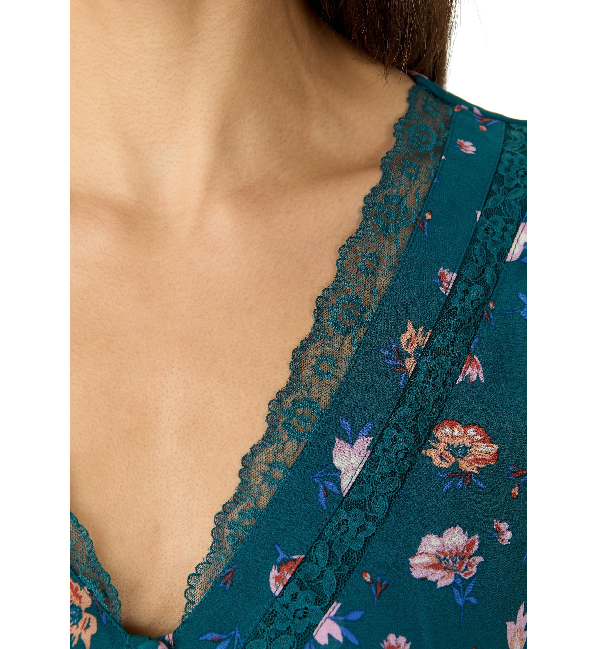 Womens V-Neck Mini Dress with Lace Trim