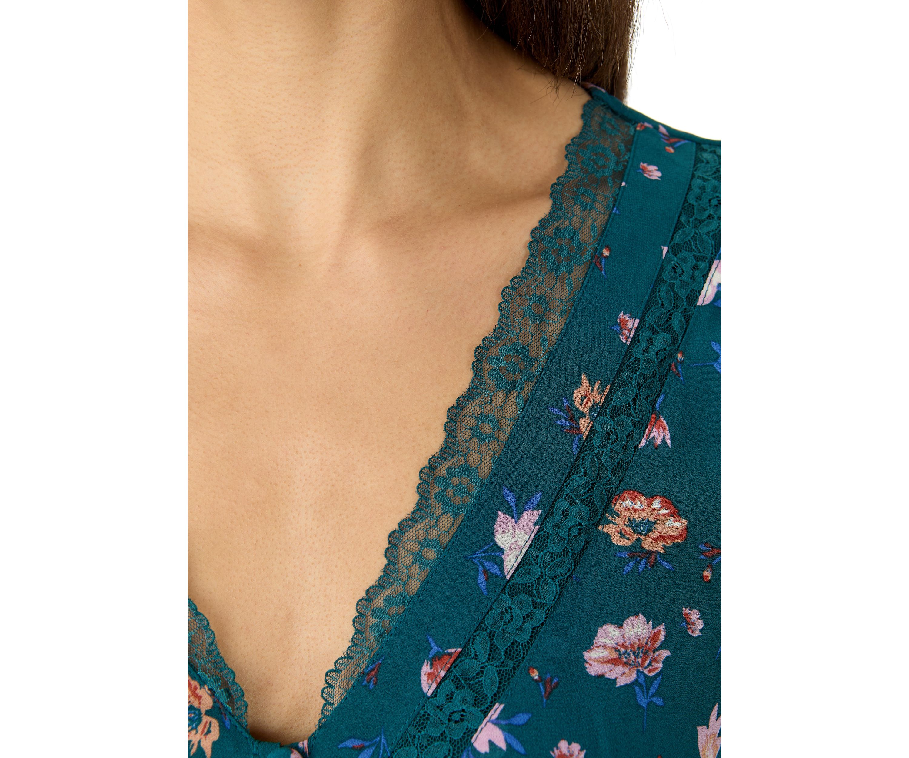Womens V-Neck Mini Dress with Lace Trim