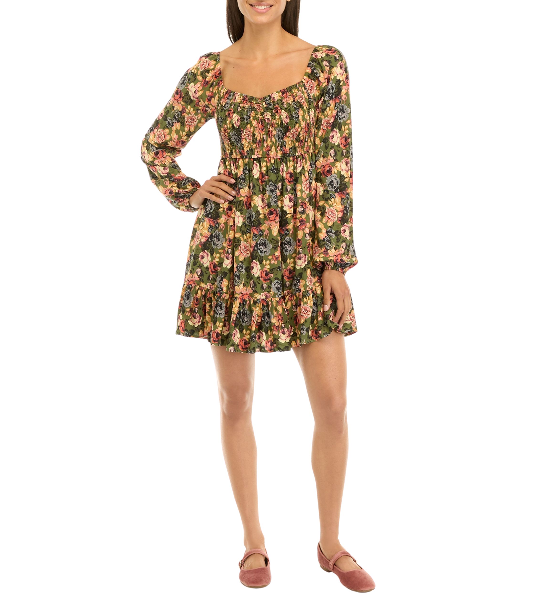 Womens Long Sleeve Smocked Dress