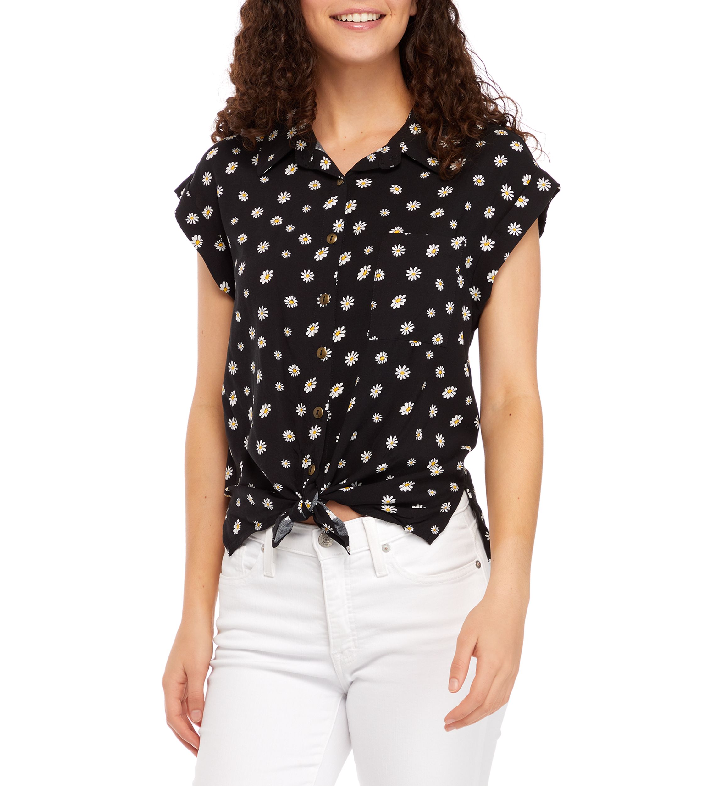   Juniors Flutter Sleeve Floral Button Front Tie Accent Top 
