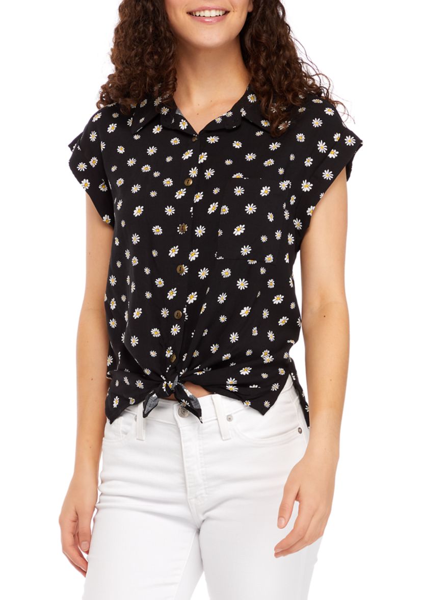   Juniors Flutter Sleeve Floral Button Front Tie Accent Top 