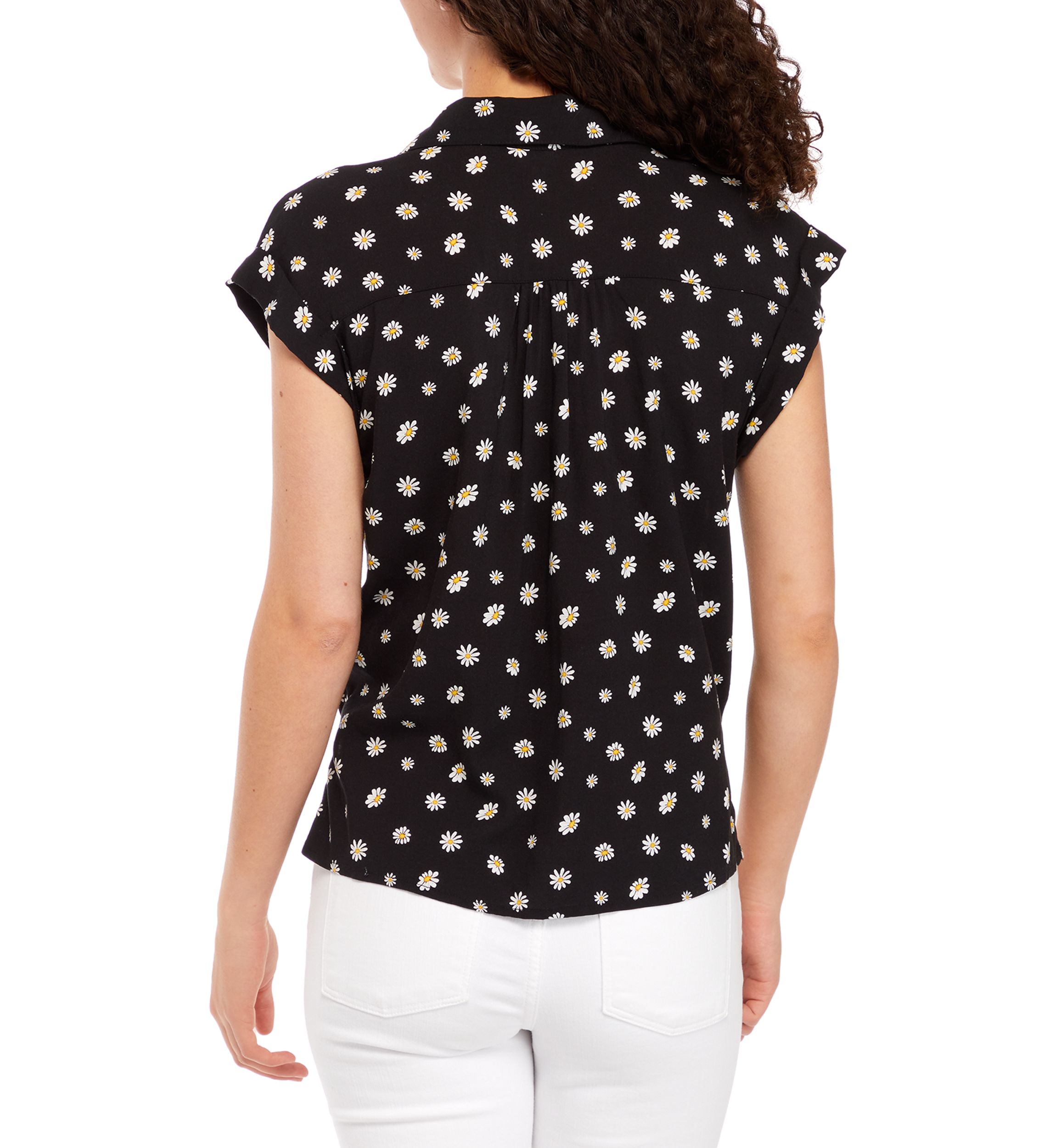   Juniors Flutter Sleeve Floral Button Front Tie Accent Top 