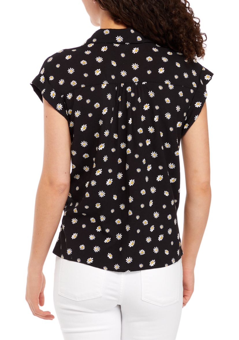   Juniors Flutter Sleeve Floral Button Front Tie Accent Top 