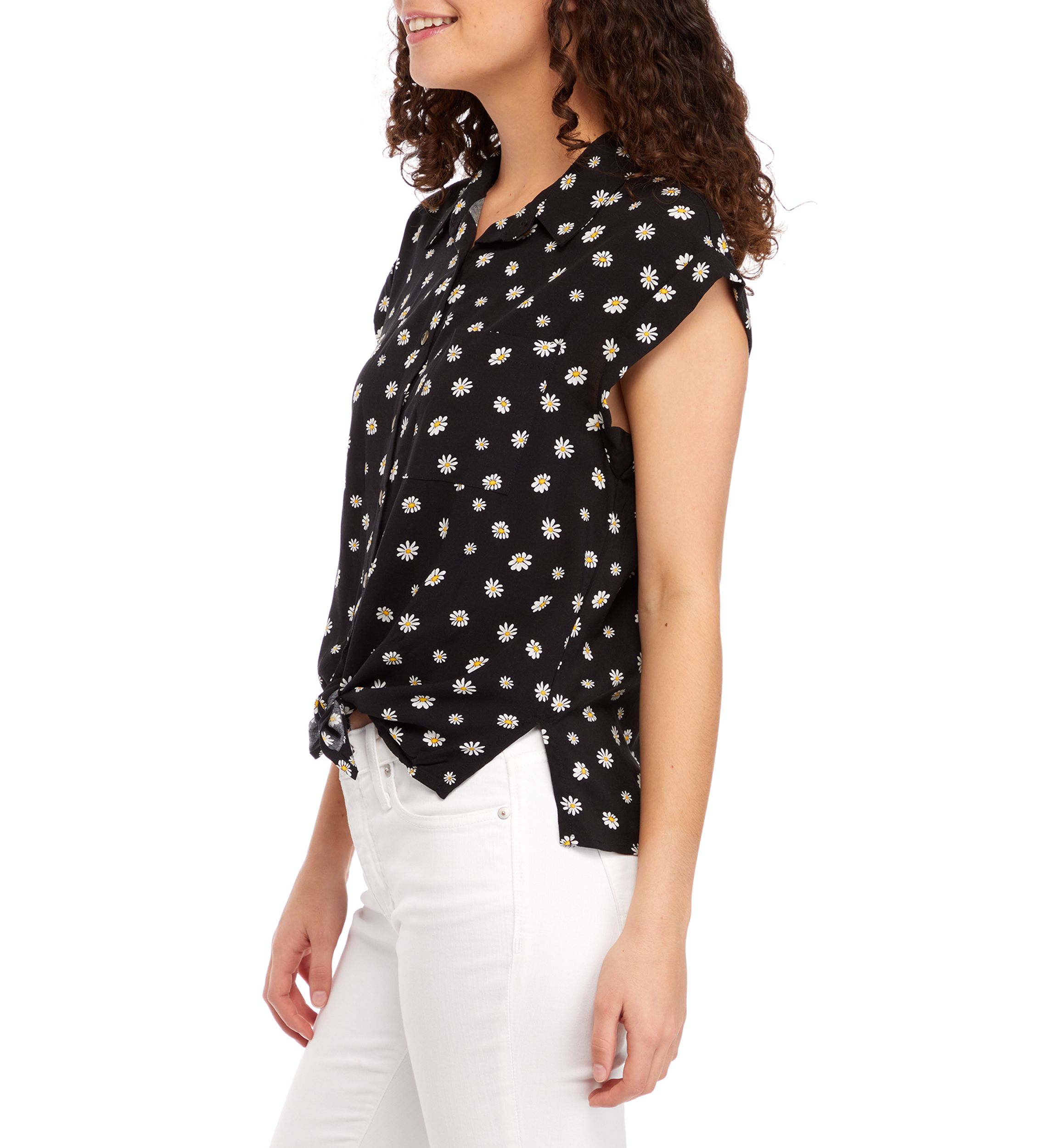   Juniors Flutter Sleeve Floral Button Front Tie Accent Top 