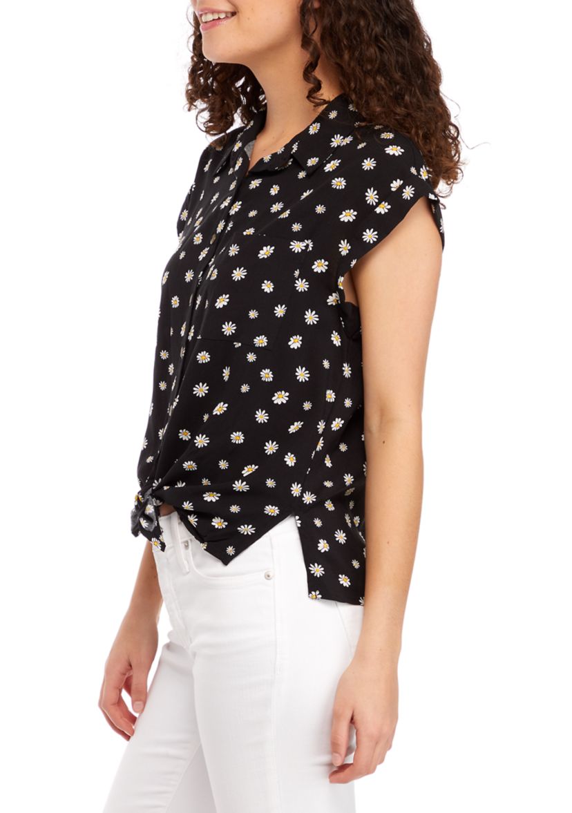   Juniors Flutter Sleeve Floral Button Front Tie Accent Top 