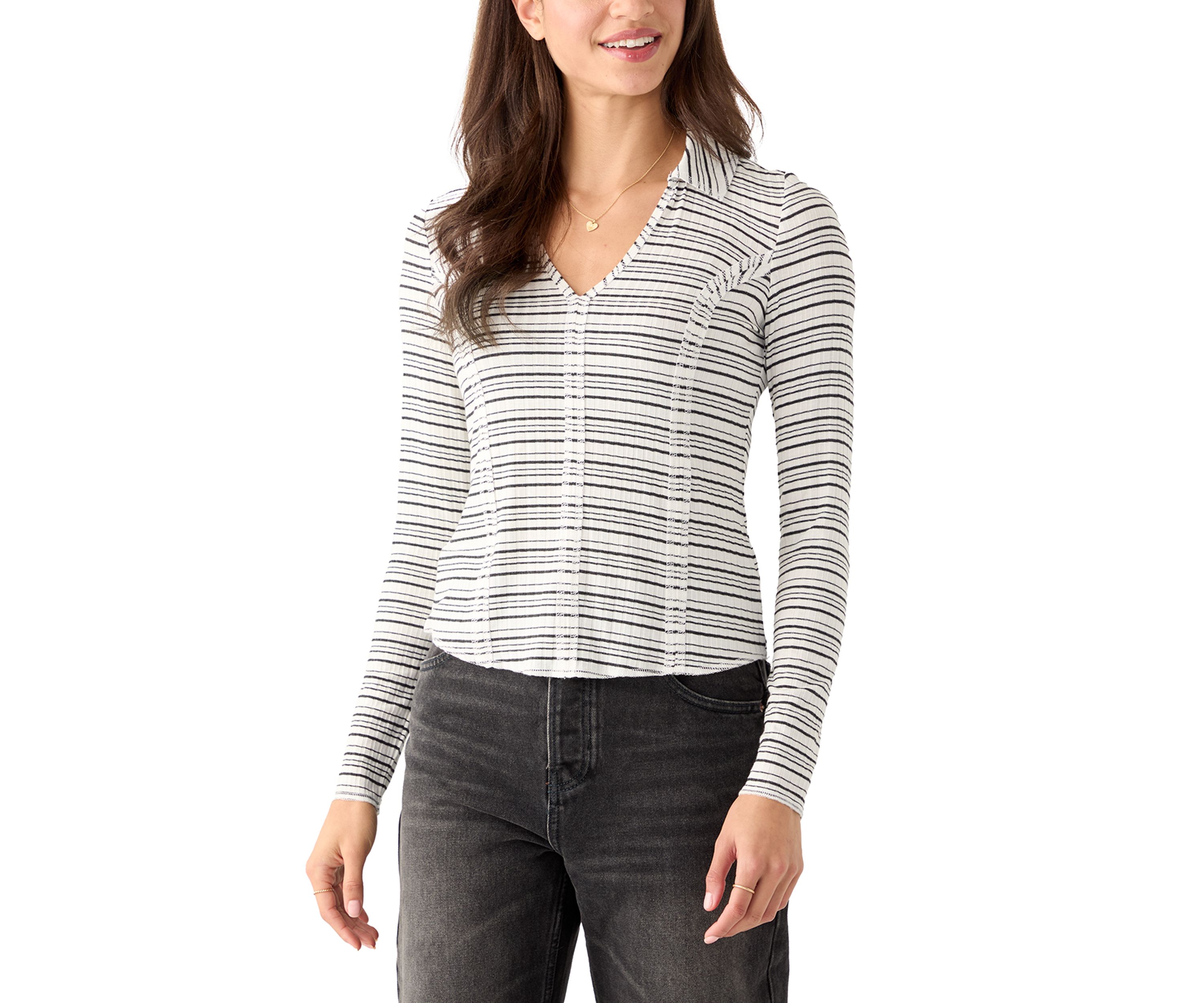 Womens Johnny Collar Long Sleeve Stripe Top