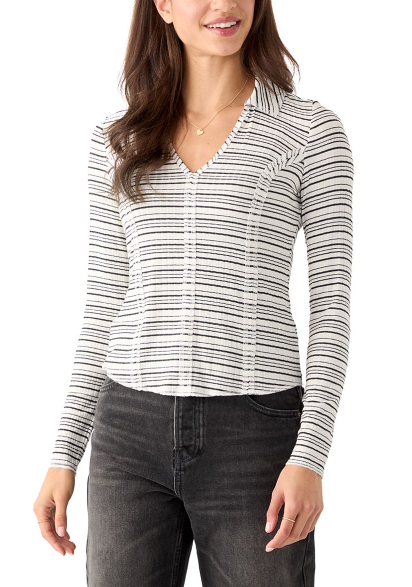 Womens Johnny Collar Long Sleeve Stripe Top