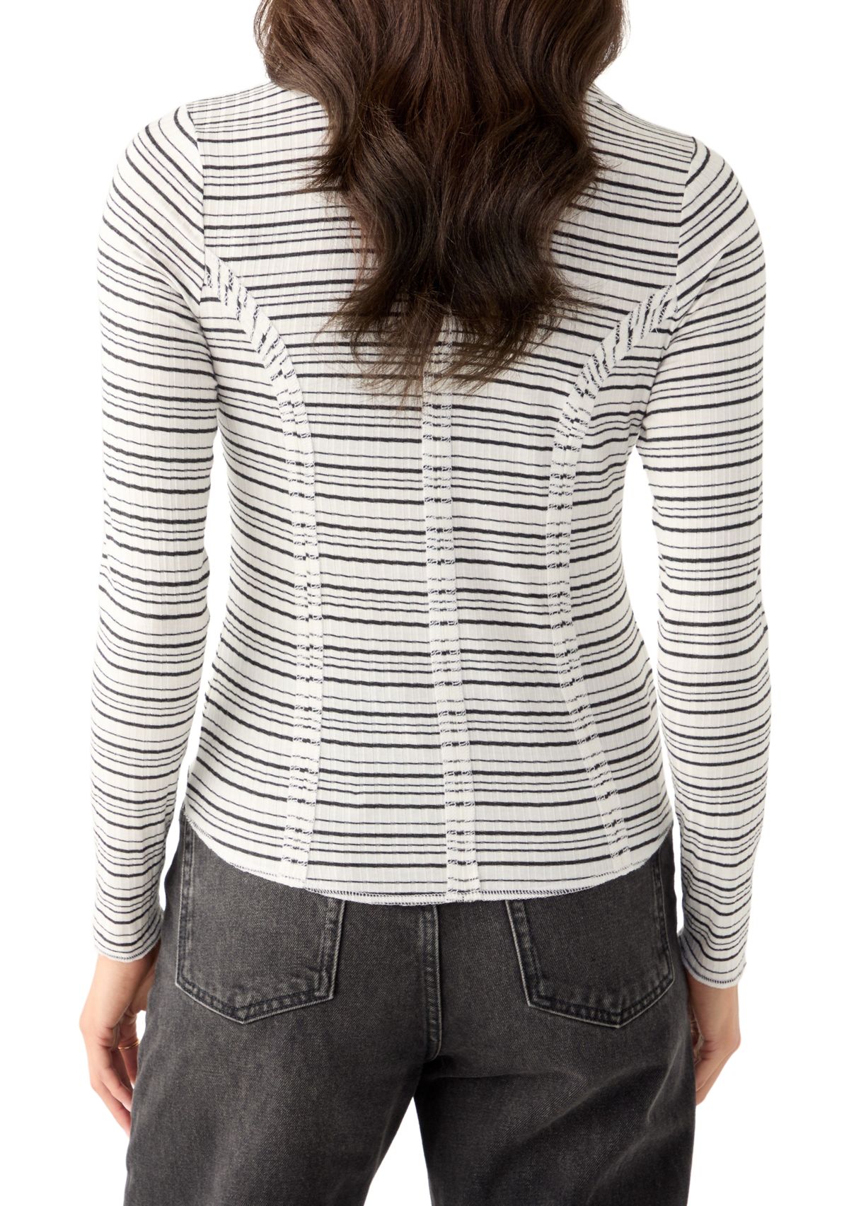 Womens Johnny Collar Long Sleeve Stripe Top