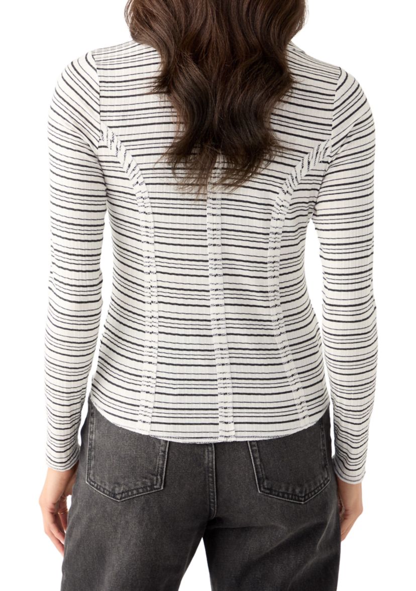 Womens Johnny Collar Long Sleeve Stripe Top