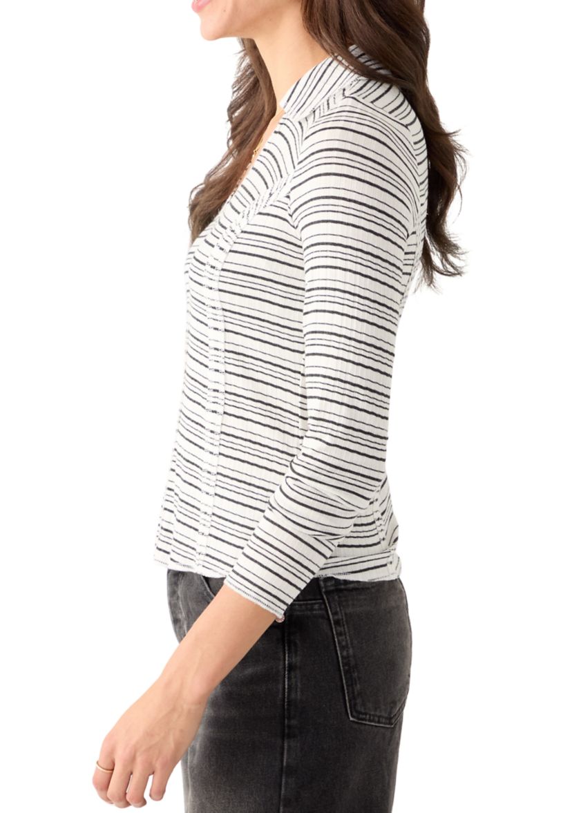 Womens Johnny Collar Long Sleeve Stripe Top