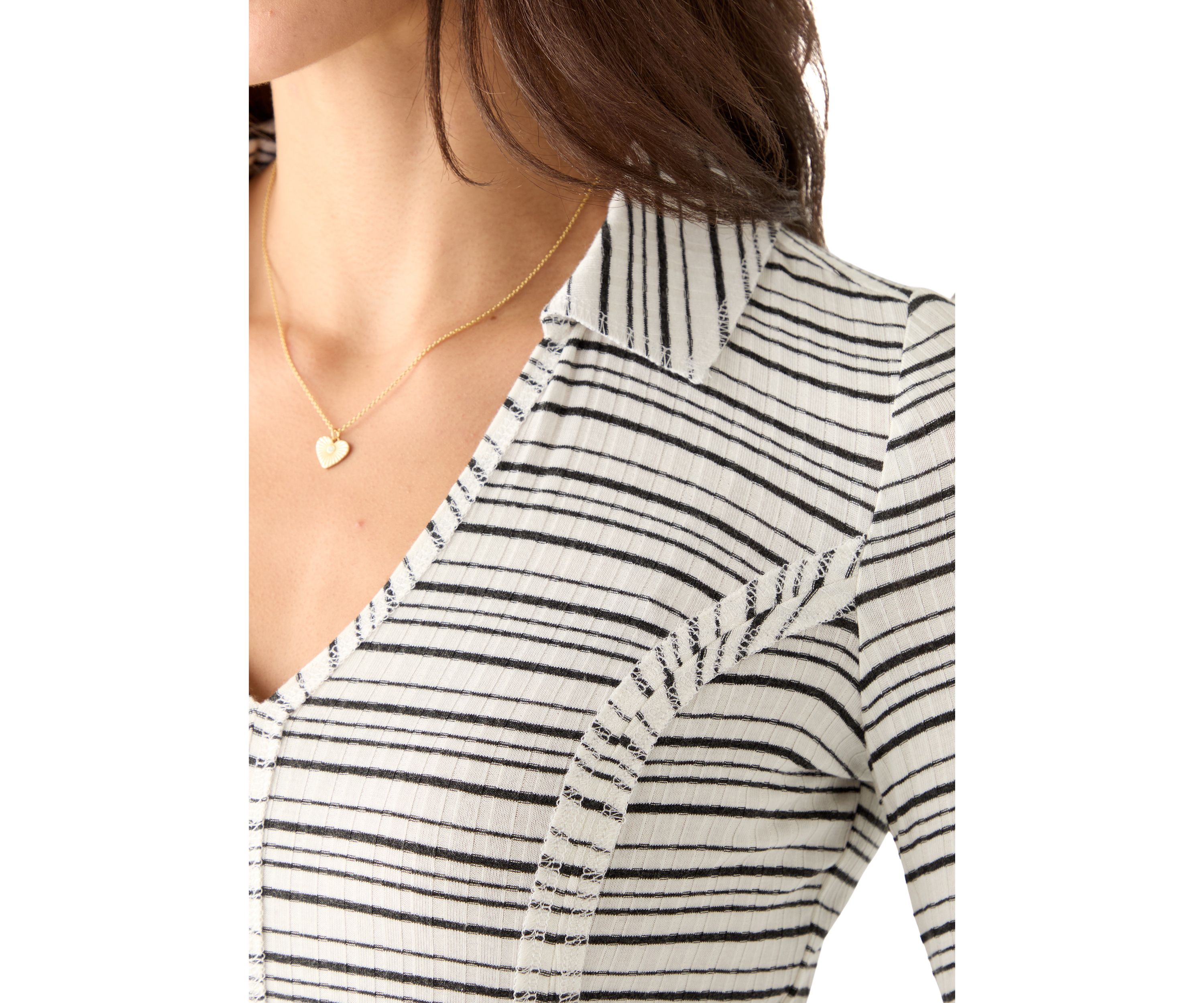 Womens Johnny Collar Long Sleeve Stripe Top