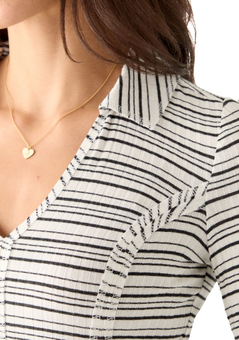Womens Johnny Collar Long Sleeve Stripe Top