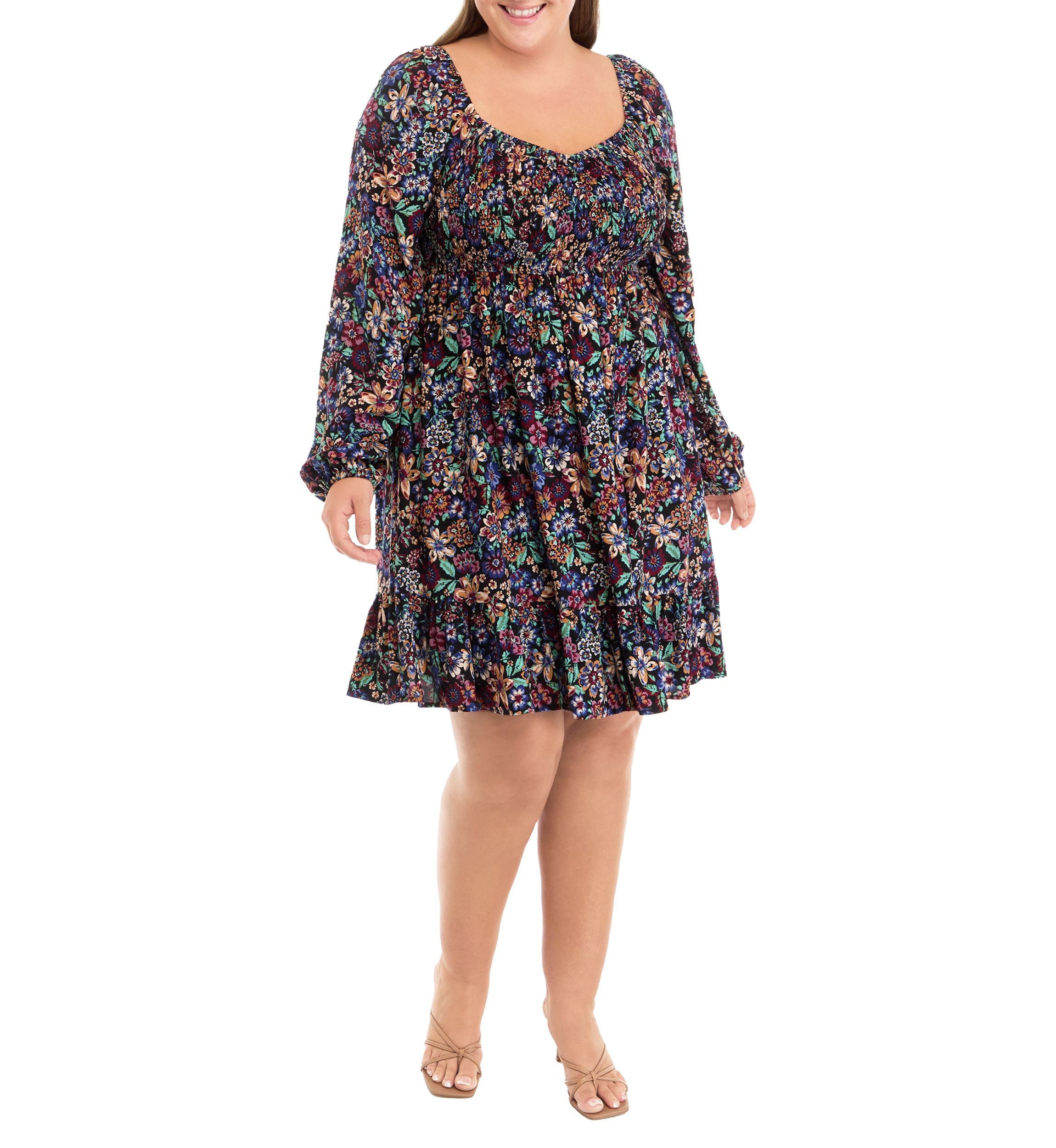 Plus Size Long Sleeve Babydoll Dress with Smocking 