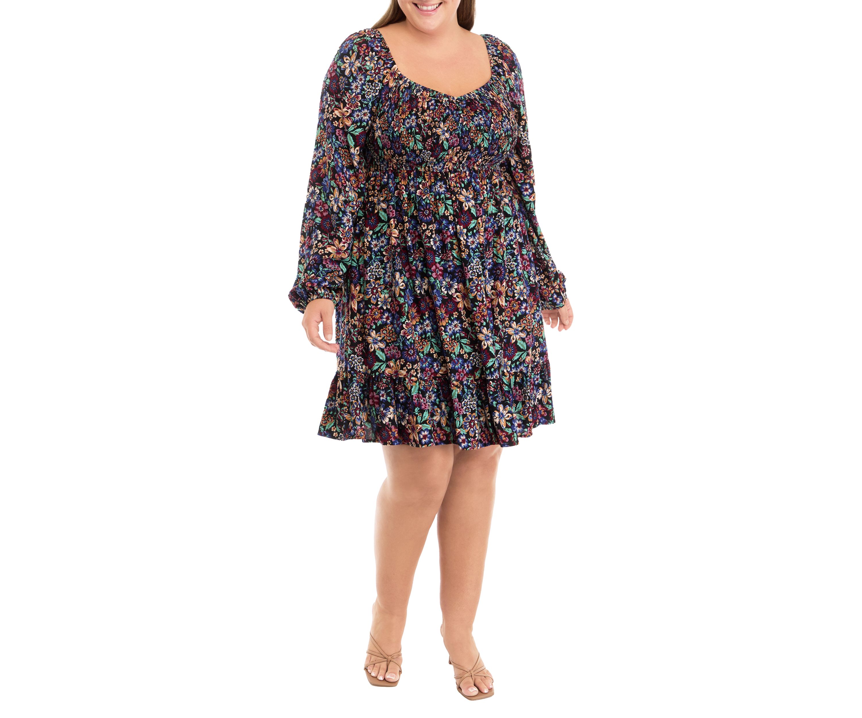 Plus Size Long Sleeve Babydoll Dress with Smocking 