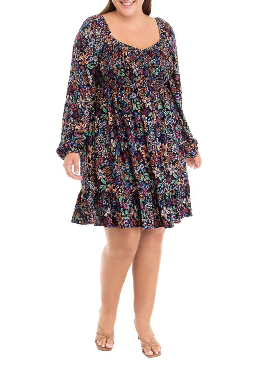 Plus Size Long Sleeve Babydoll Dress with Smocking 