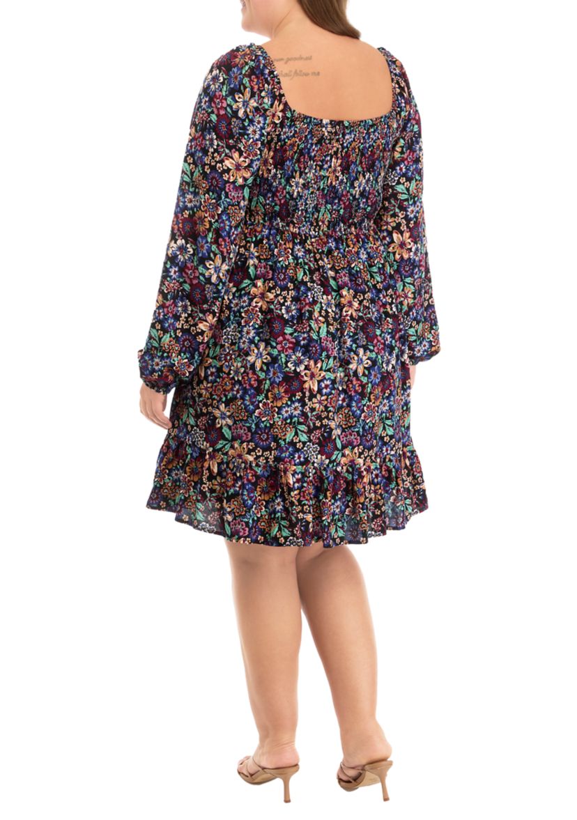 Plus Size Long Sleeve Babydoll Dress with Smocking 