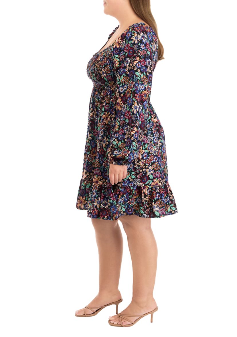 Plus Size Long Sleeve Babydoll Dress with Smocking 