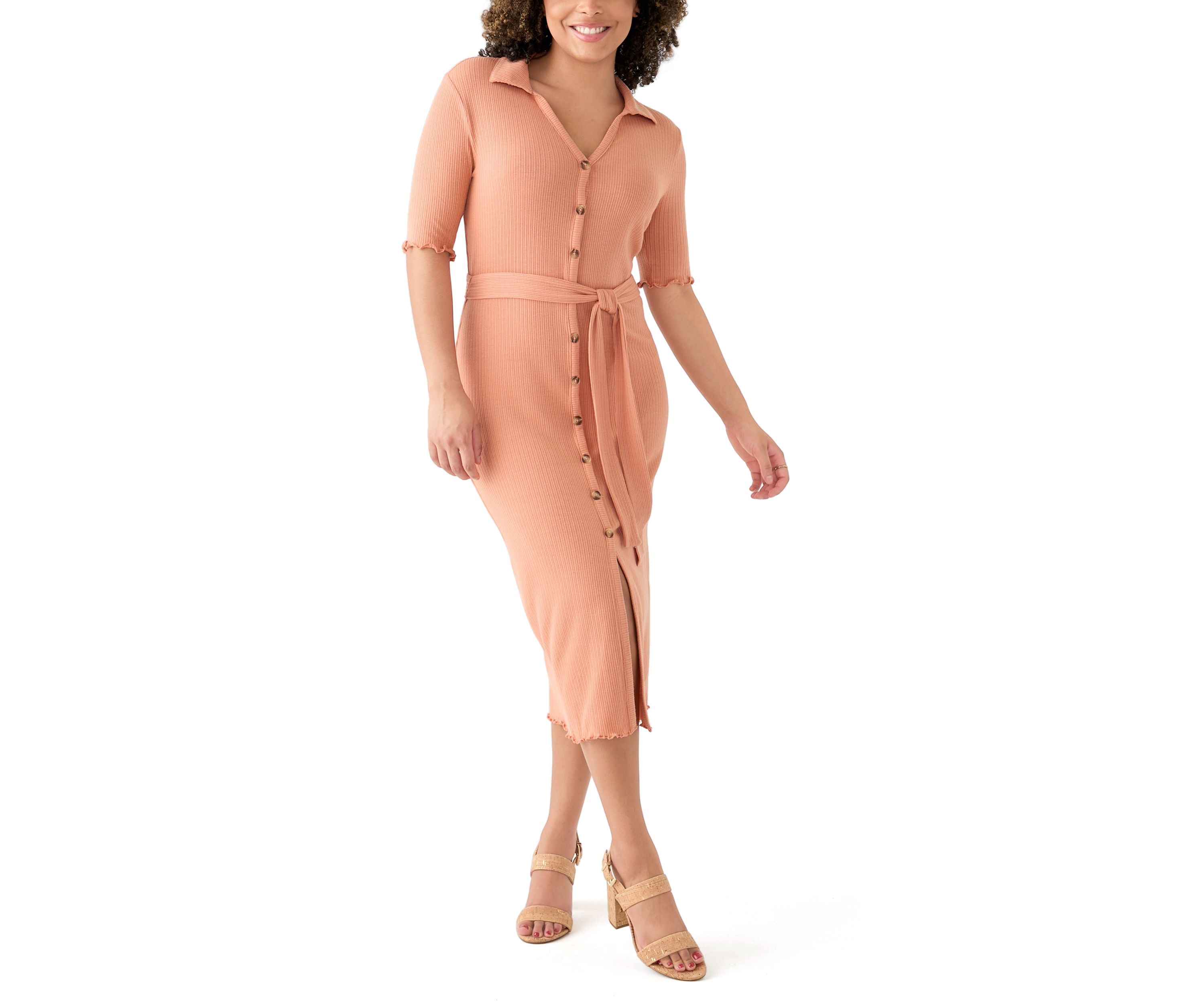 Womens Johnny Collar Belted Waist Dress