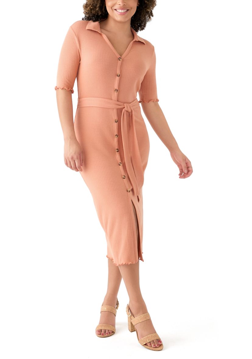 Womens Johnny Collar Belted Waist Dress