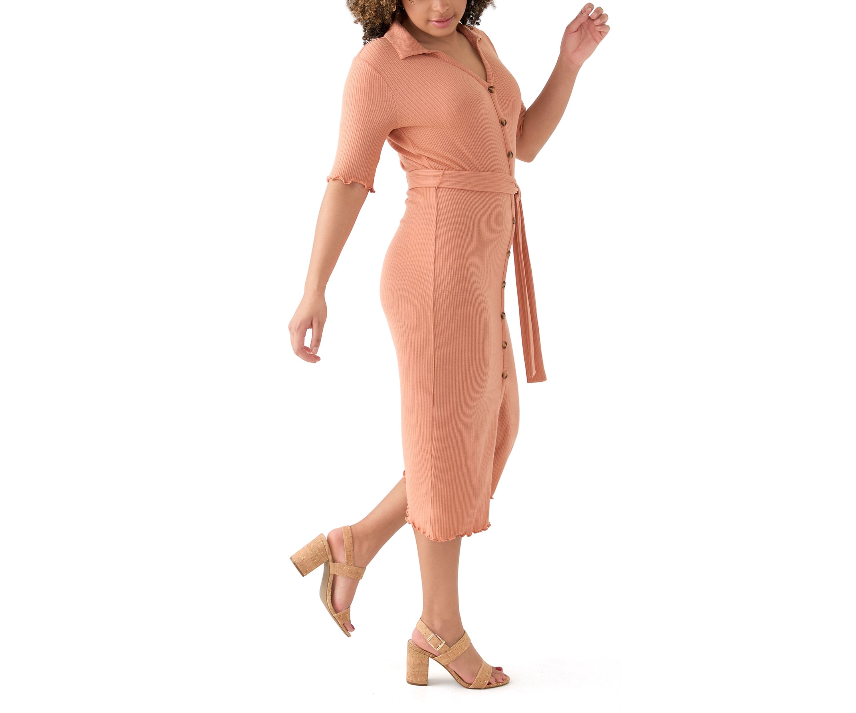 Womens Johnny Collar Belted Waist Dress