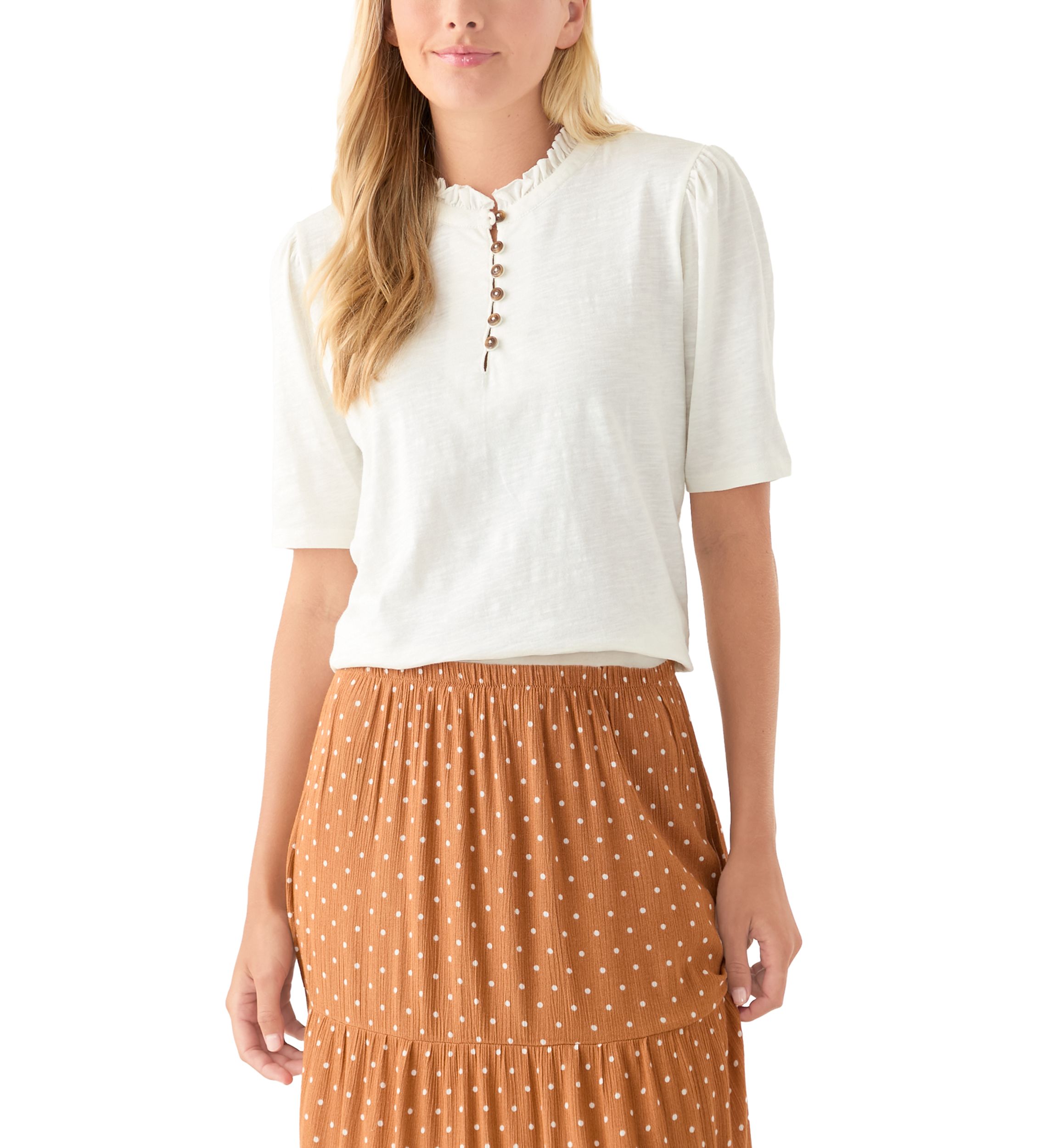 Womens Button Front Ruffle Neck Top